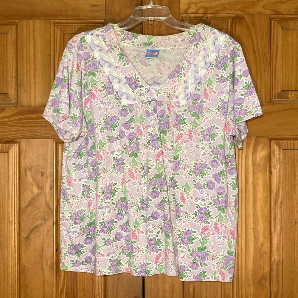 GUC Haband Moonbeams Vintage 90s Lace Trim Pajama Top Purple White Size L Large